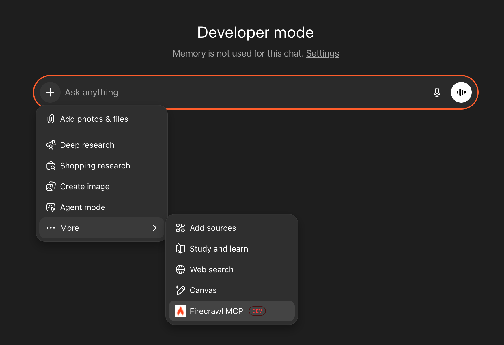 ChatGPT chat input showing + menu expanded with More submenu and Firecrawl MCP option