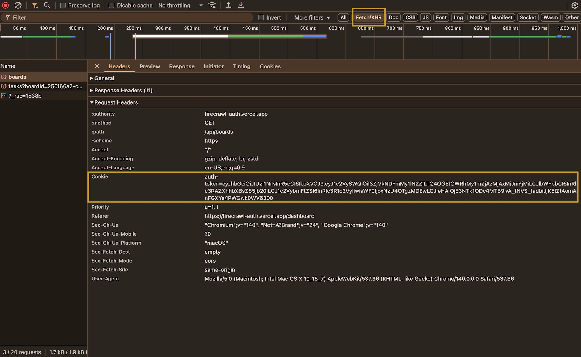 DevTools Cookies View