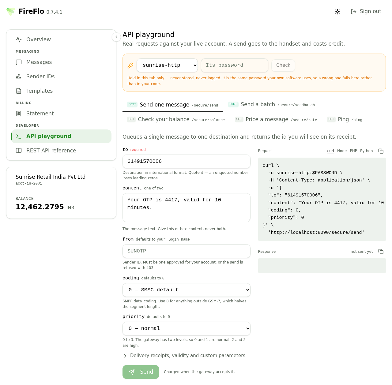 The portal API playground showing the send form beside a generated curl request