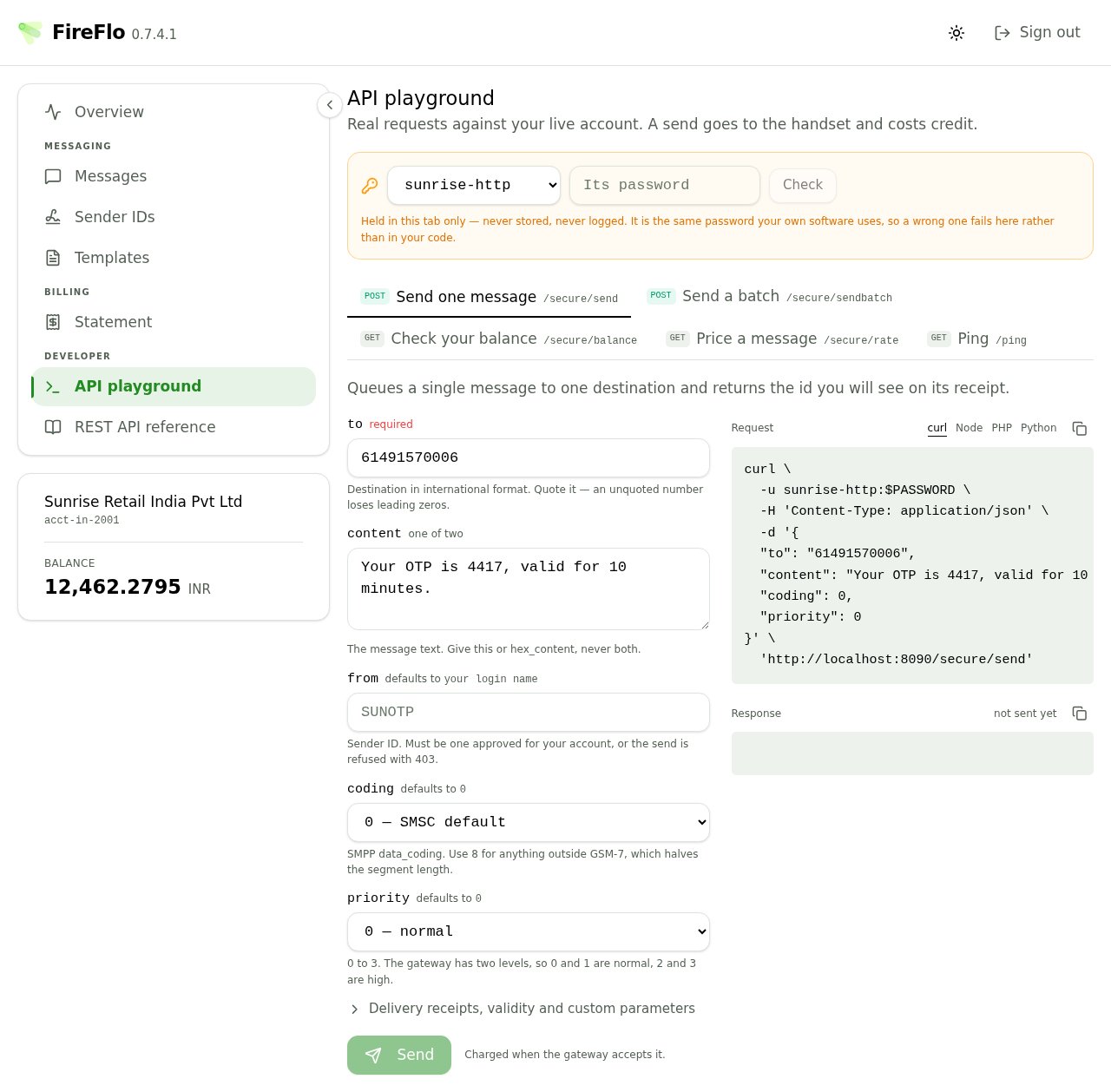 The portal API playground showing the send form beside a generated curl request