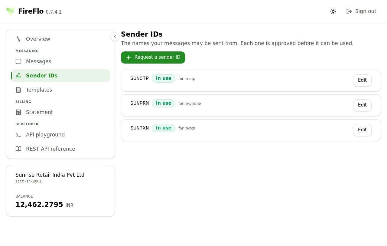The portal Sender IDs screen listing three approved sender IDs, each scoped to a product