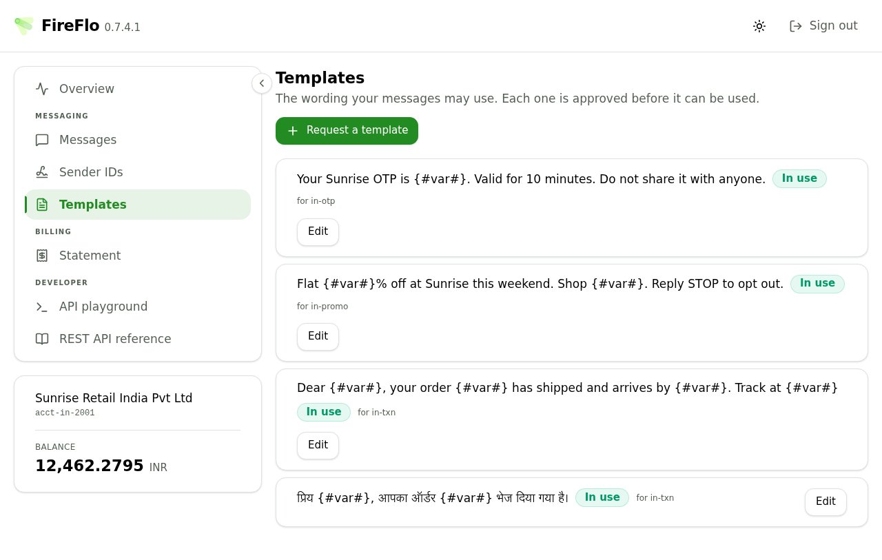 The portal Templates screen listing four approved templates with placeholder syntax