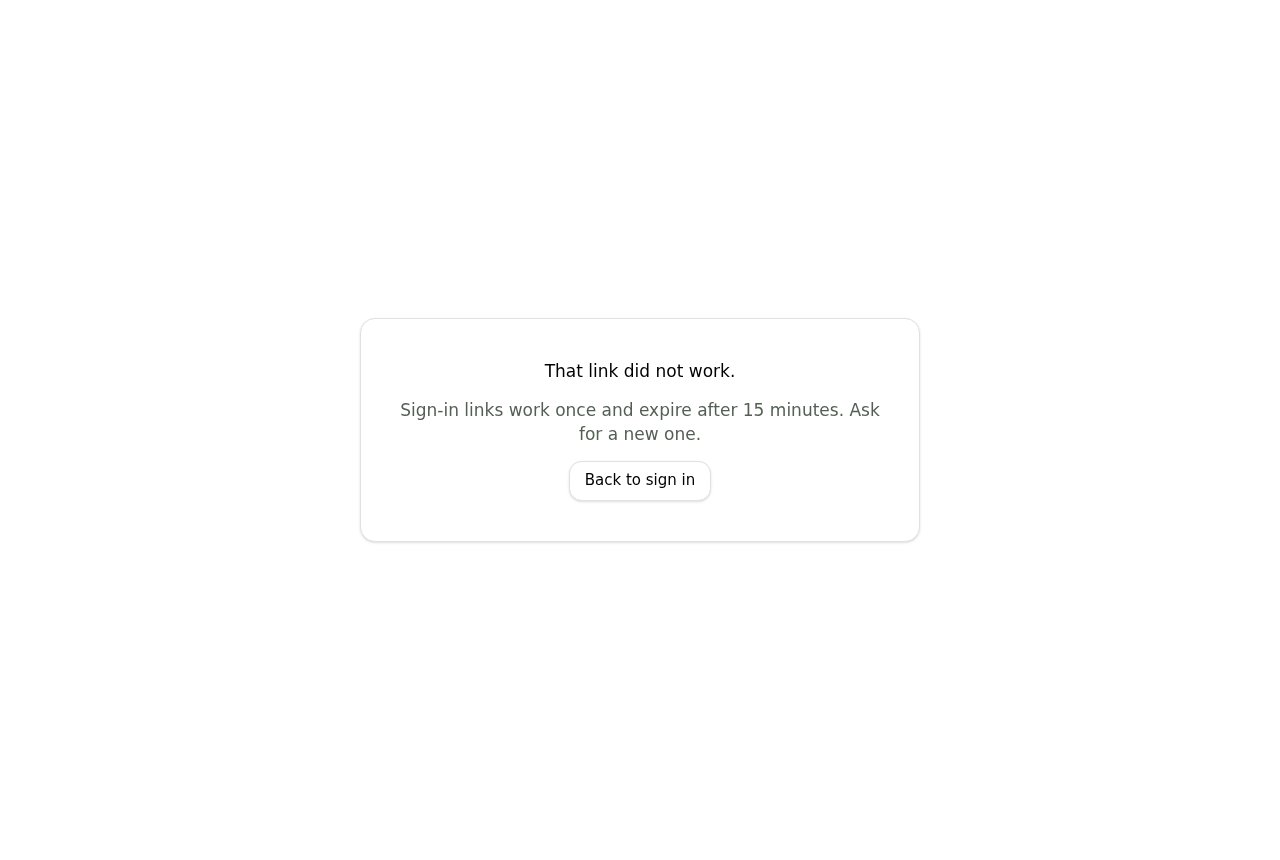 The portal verify screen reading 'That link did not work', with a button back to sign in