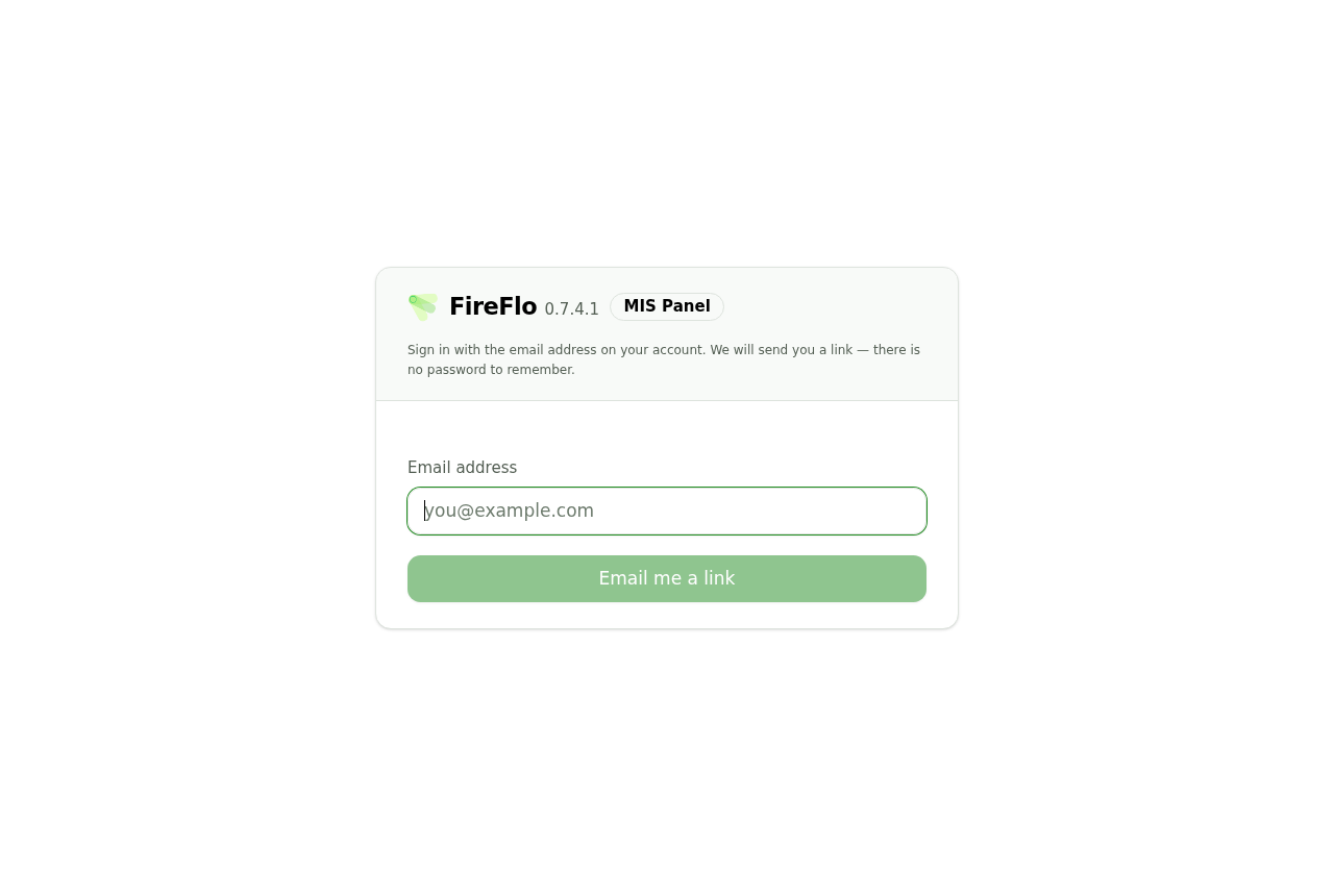 The FireFlo portal sign-in card, showing a single email address field and an 'Email me a link' button