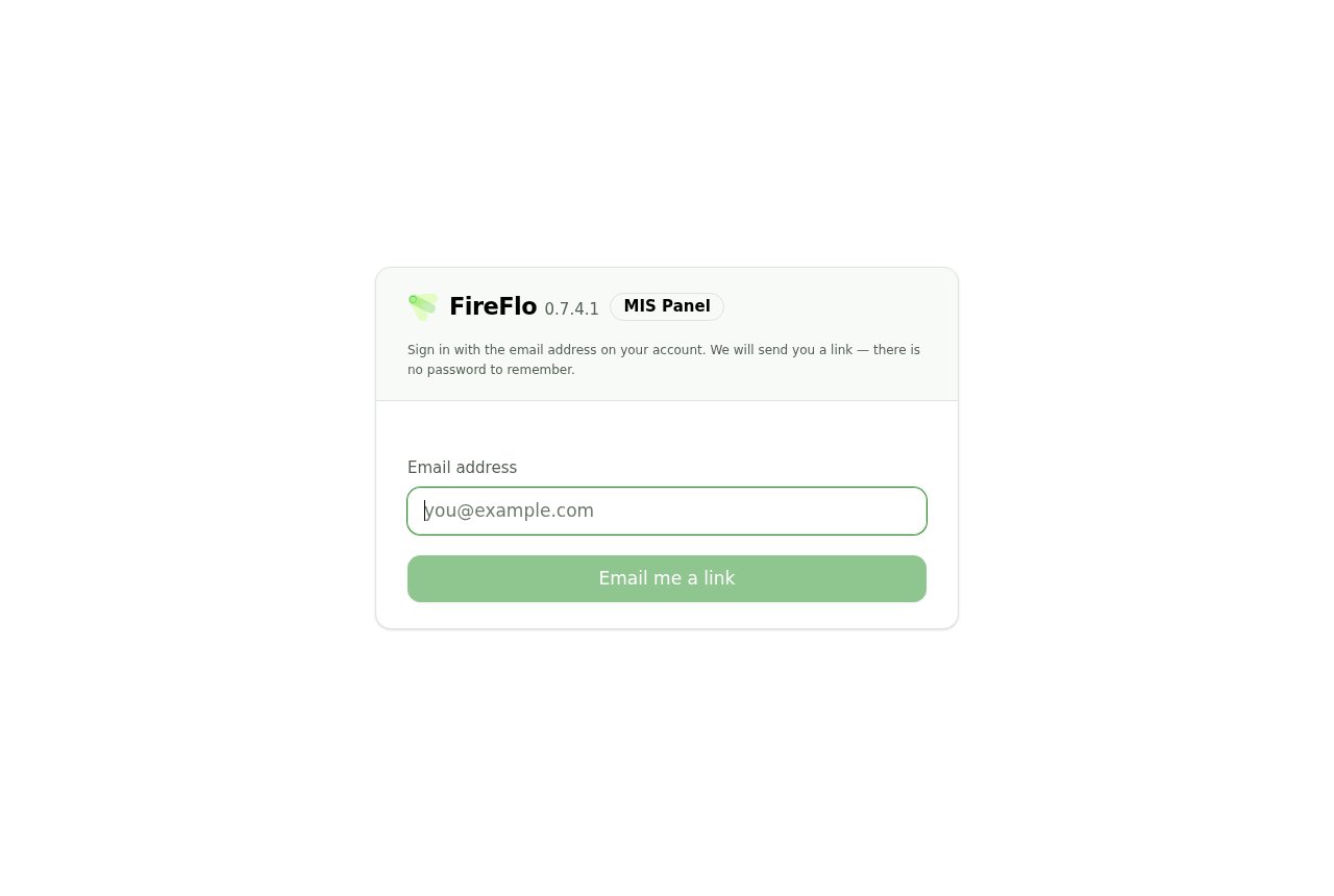 The FireFlo portal sign-in card, showing a single email address field and an 'Email me a link' button