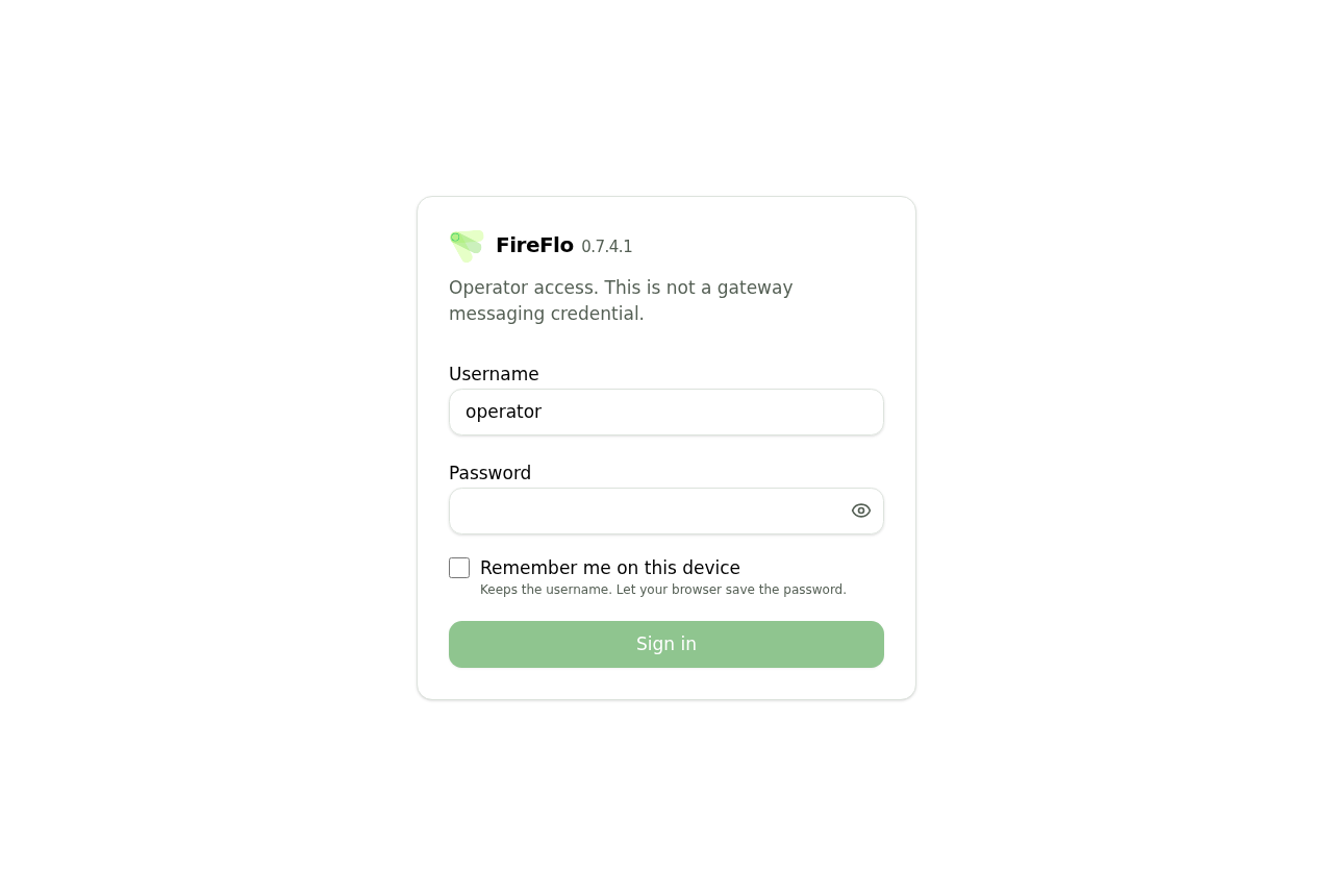 The FireFlo operator sign-in card with username and password fields