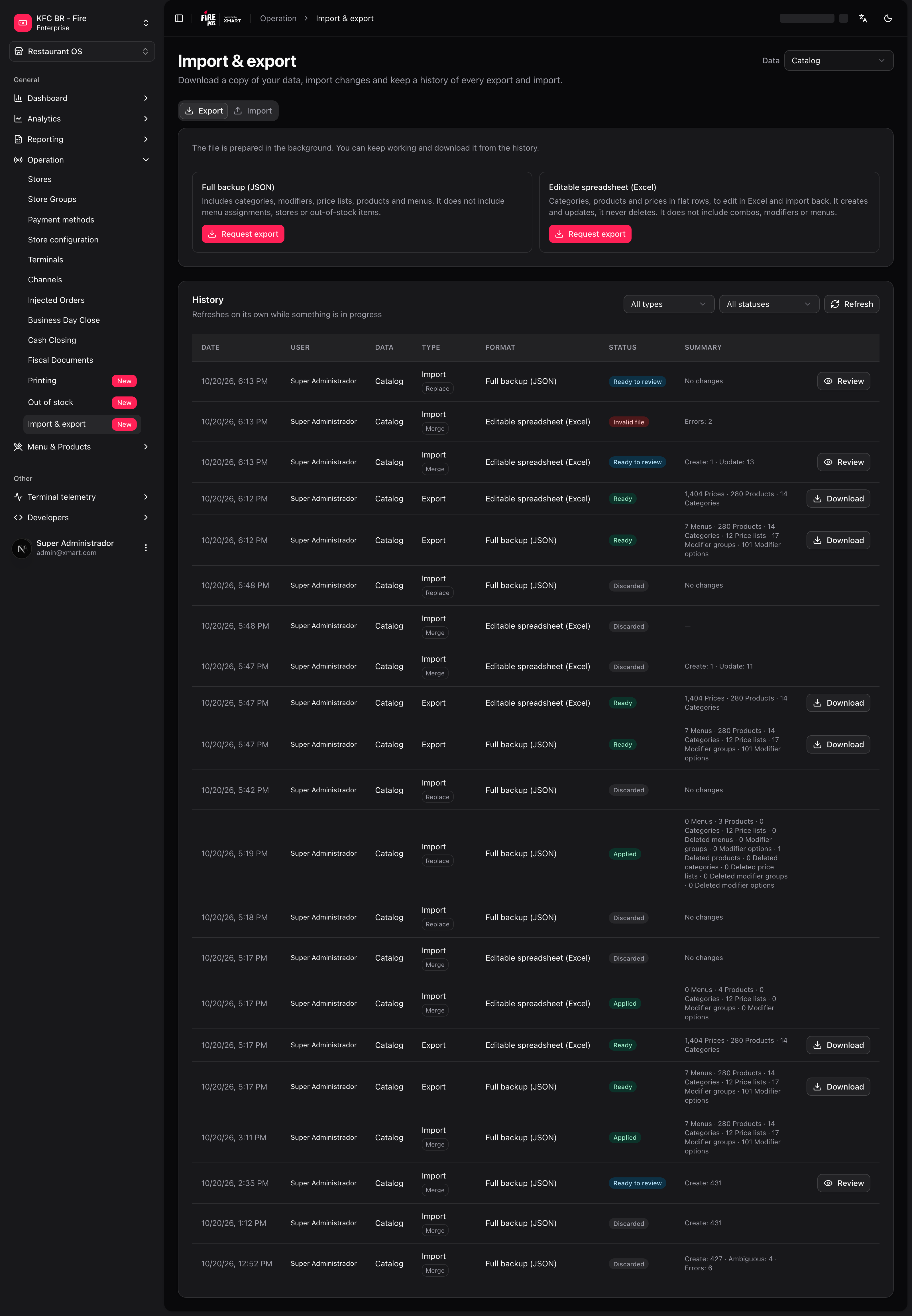 Import & export screen with the data selector, the Export and Import tabs and the History
