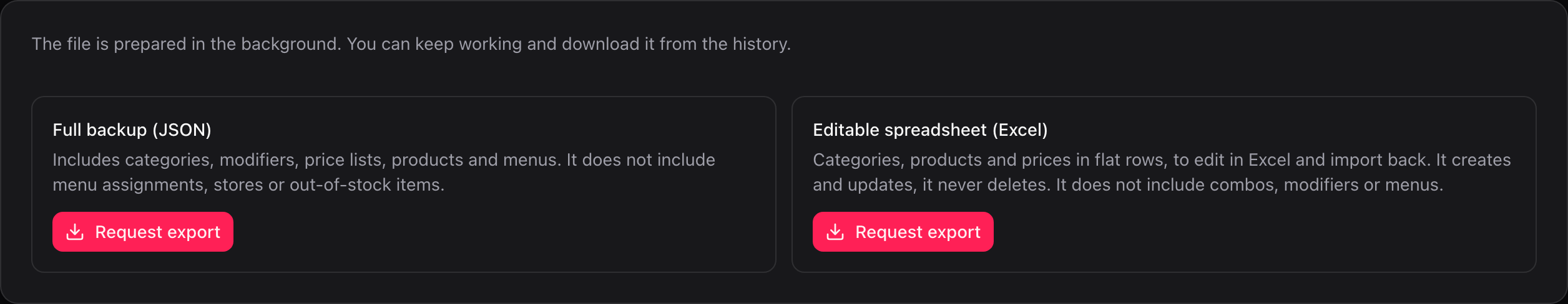 Export card with the two available formats and the Request export button