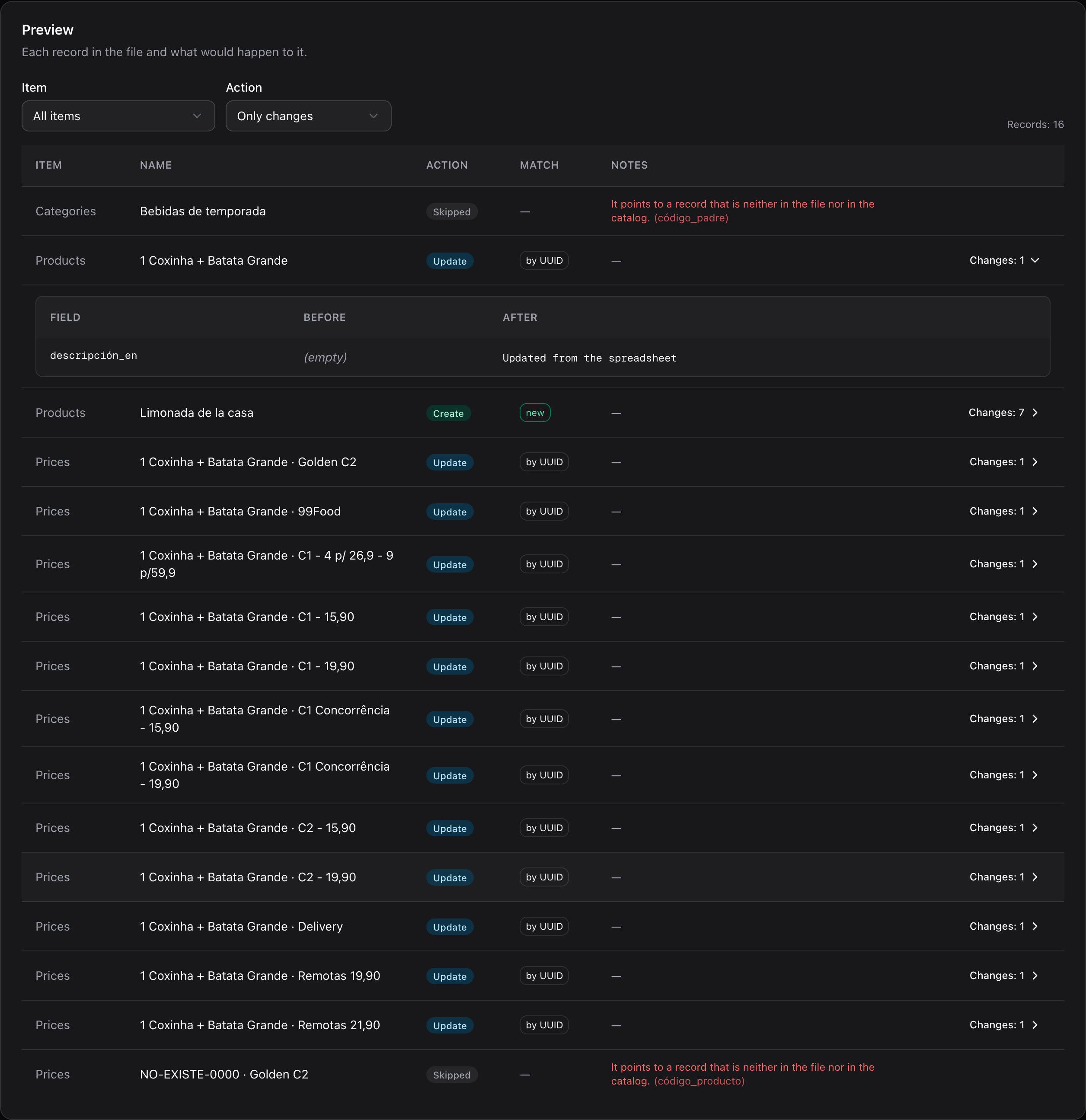 Preview tab with the changes of a product, showing the Before and After value