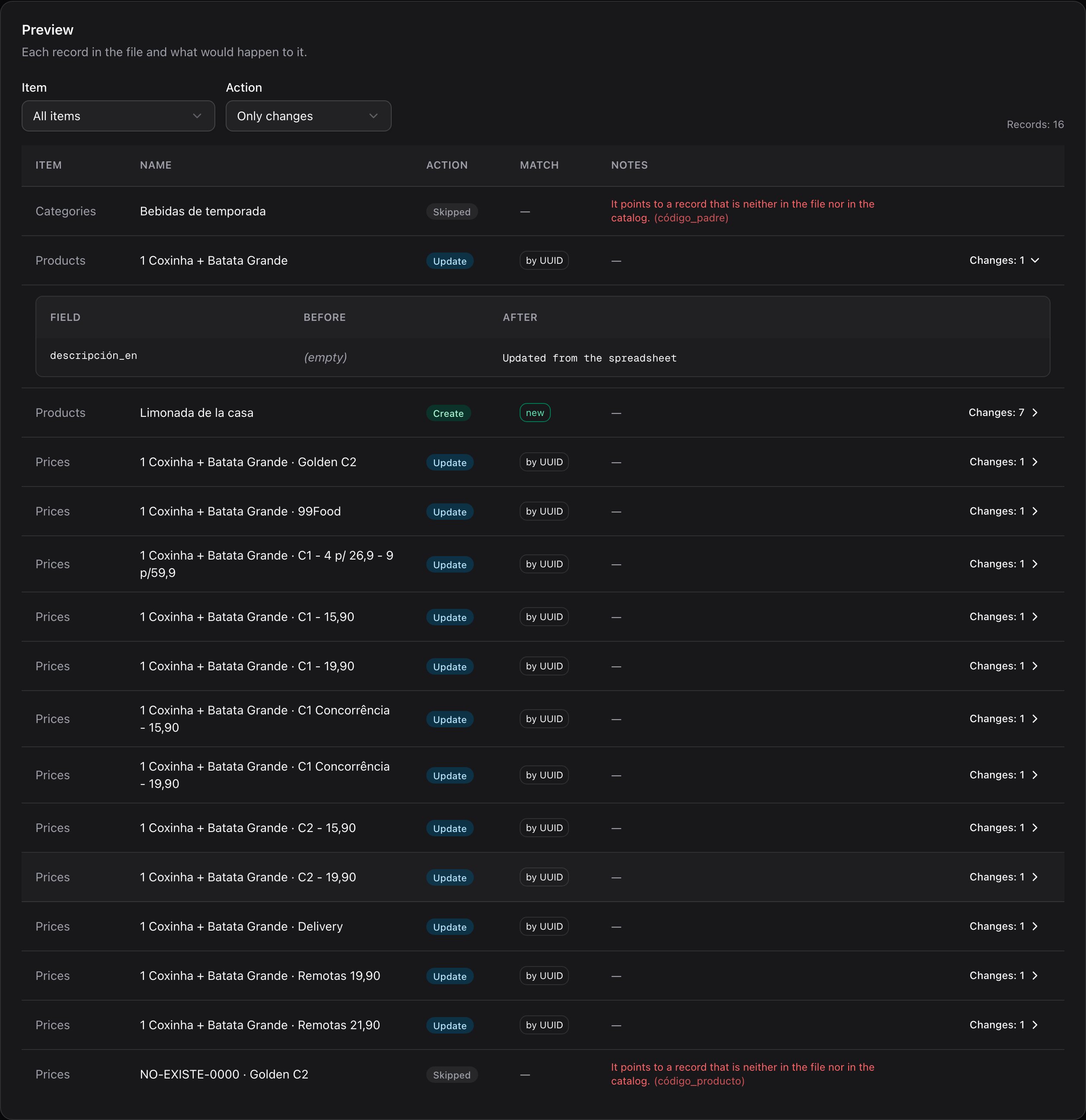 Preview tab with the changes of a product, showing the Before and After value