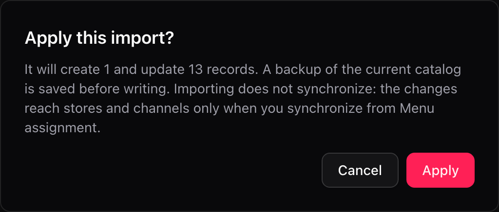 Apply this import? dialog with the number of records to be created and updated