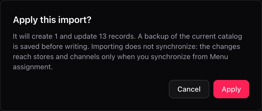 Apply this import? dialog with the number of records to be created and updated
