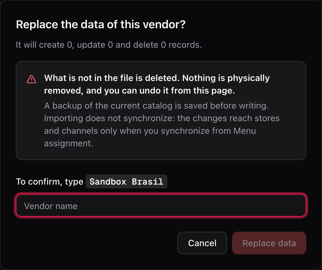 Replace the data of this vendor? dialog with the warning about what is deleted and the field to type the vendor name