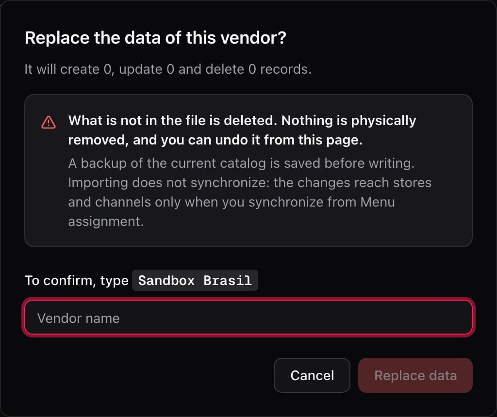Replace the data of this vendor? dialog with the warning about what is deleted and the field to type the vendor name