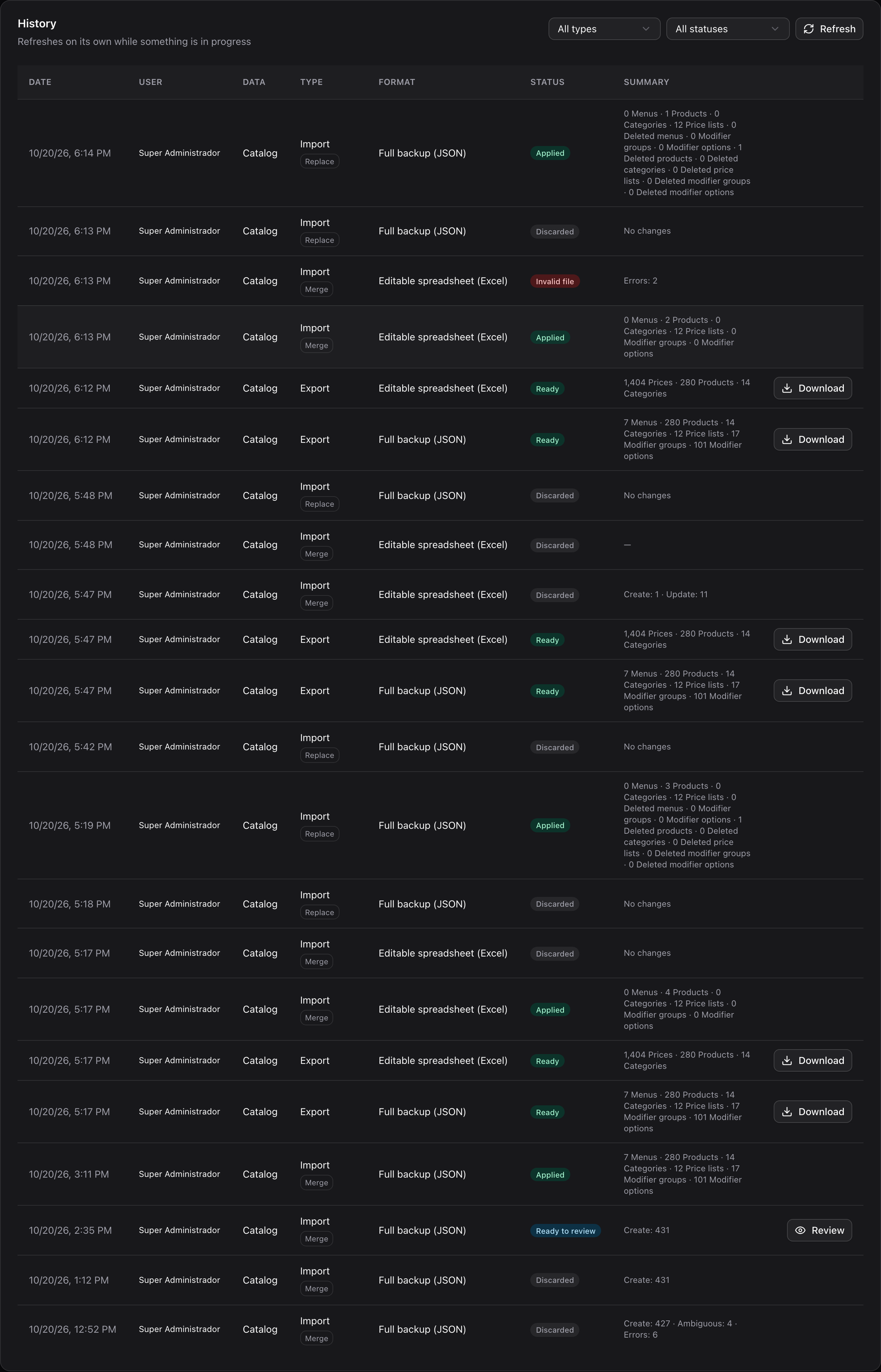 History with exports and imports in different statuses and the filters by type and status
