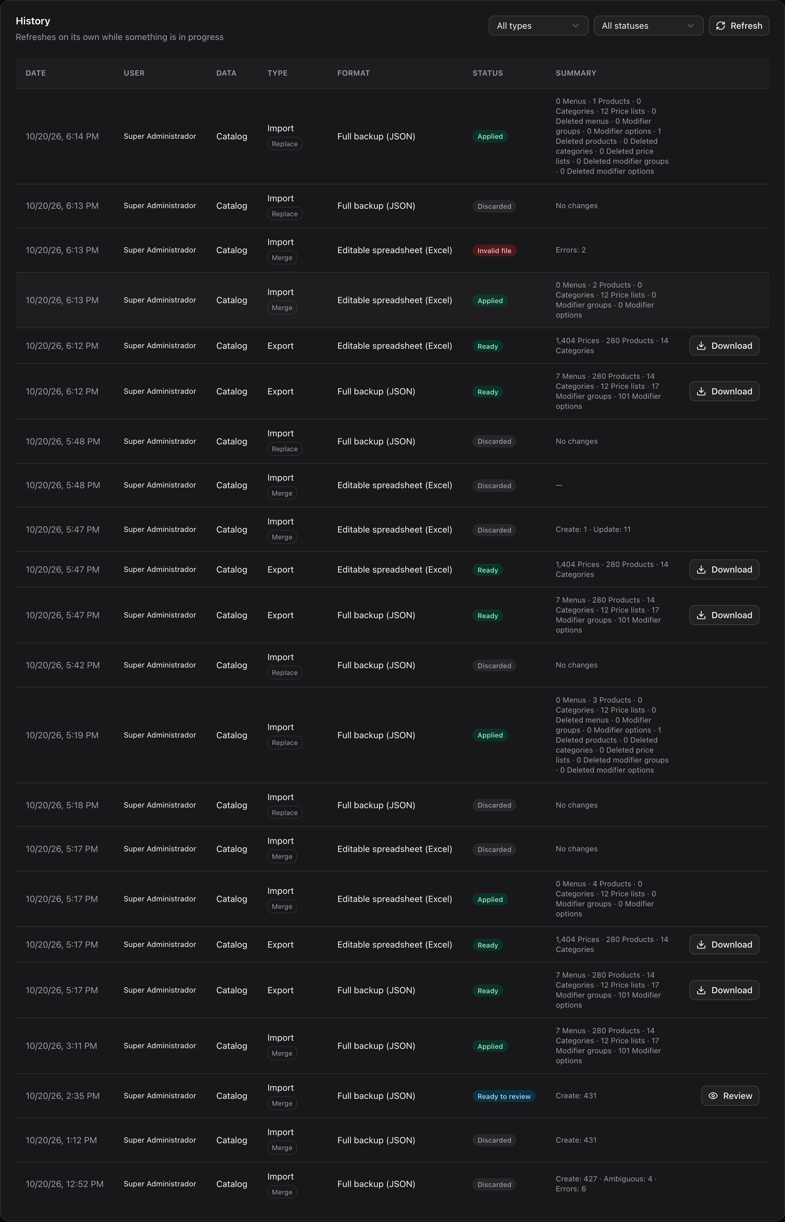 History with exports and imports in different statuses and the filters by type and status