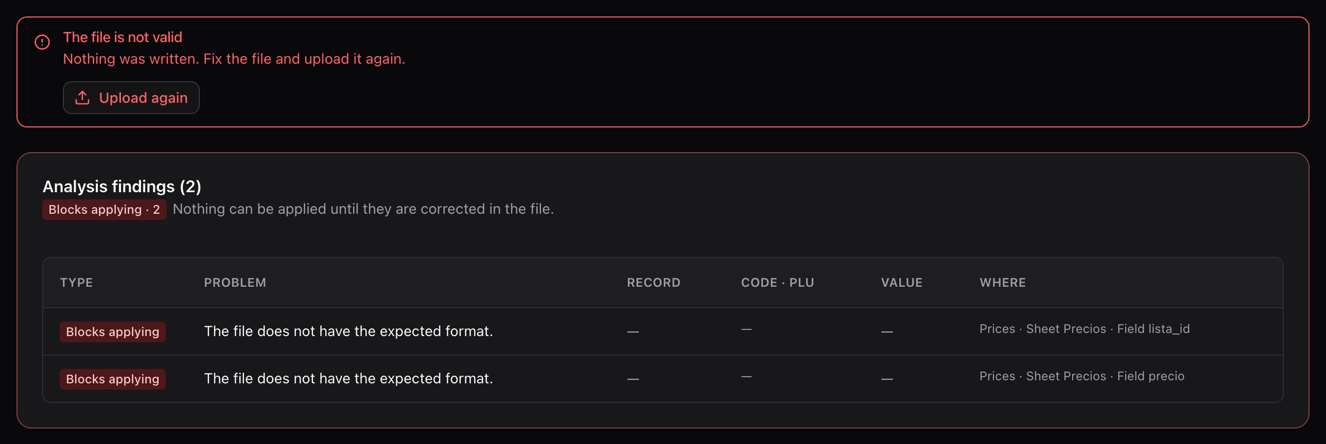 Invalid import with the The file is not valid notice, the Upload again button and two Blocks applying findings with the sheet and field