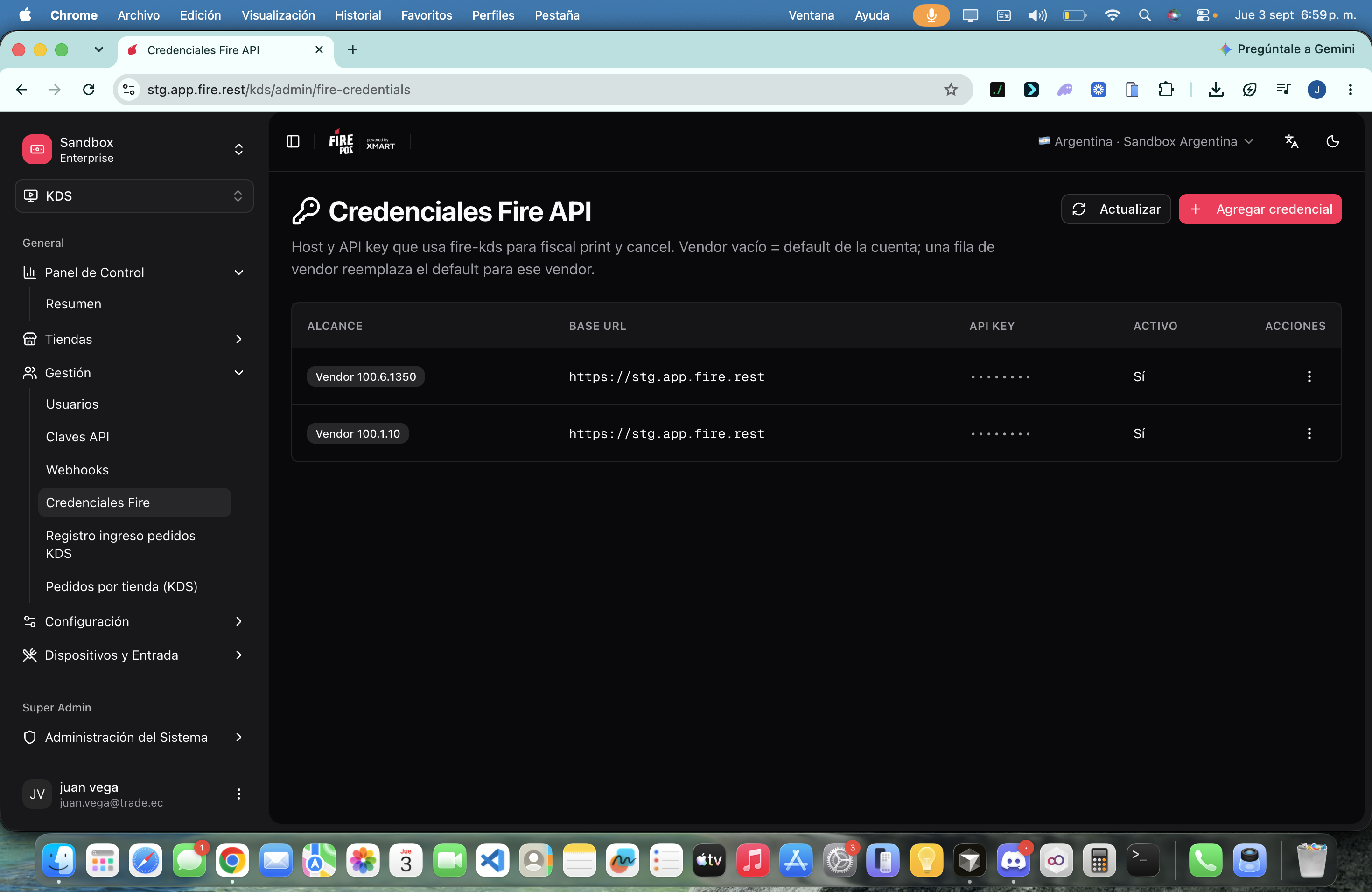 Fire API credentials list with account default and vendor scopes