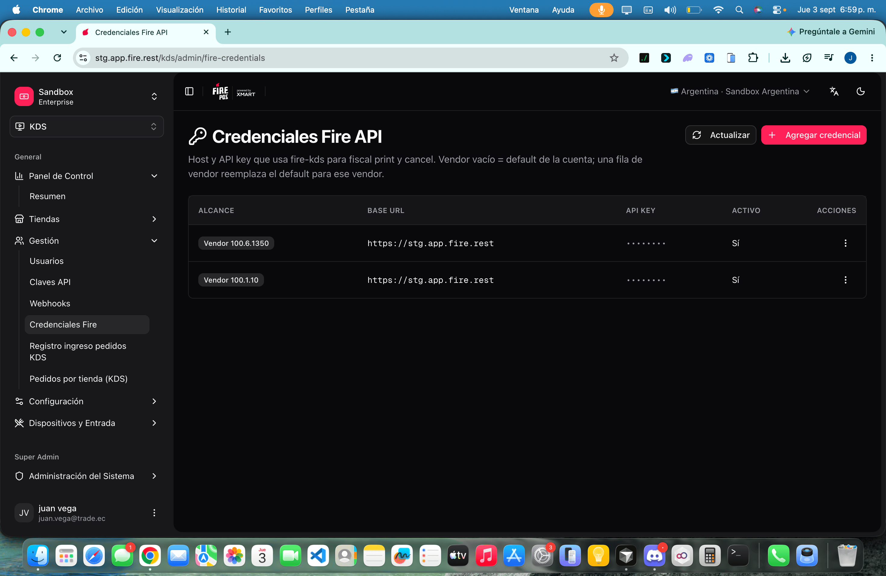 Fire API credentials list with account default and vendor scopes