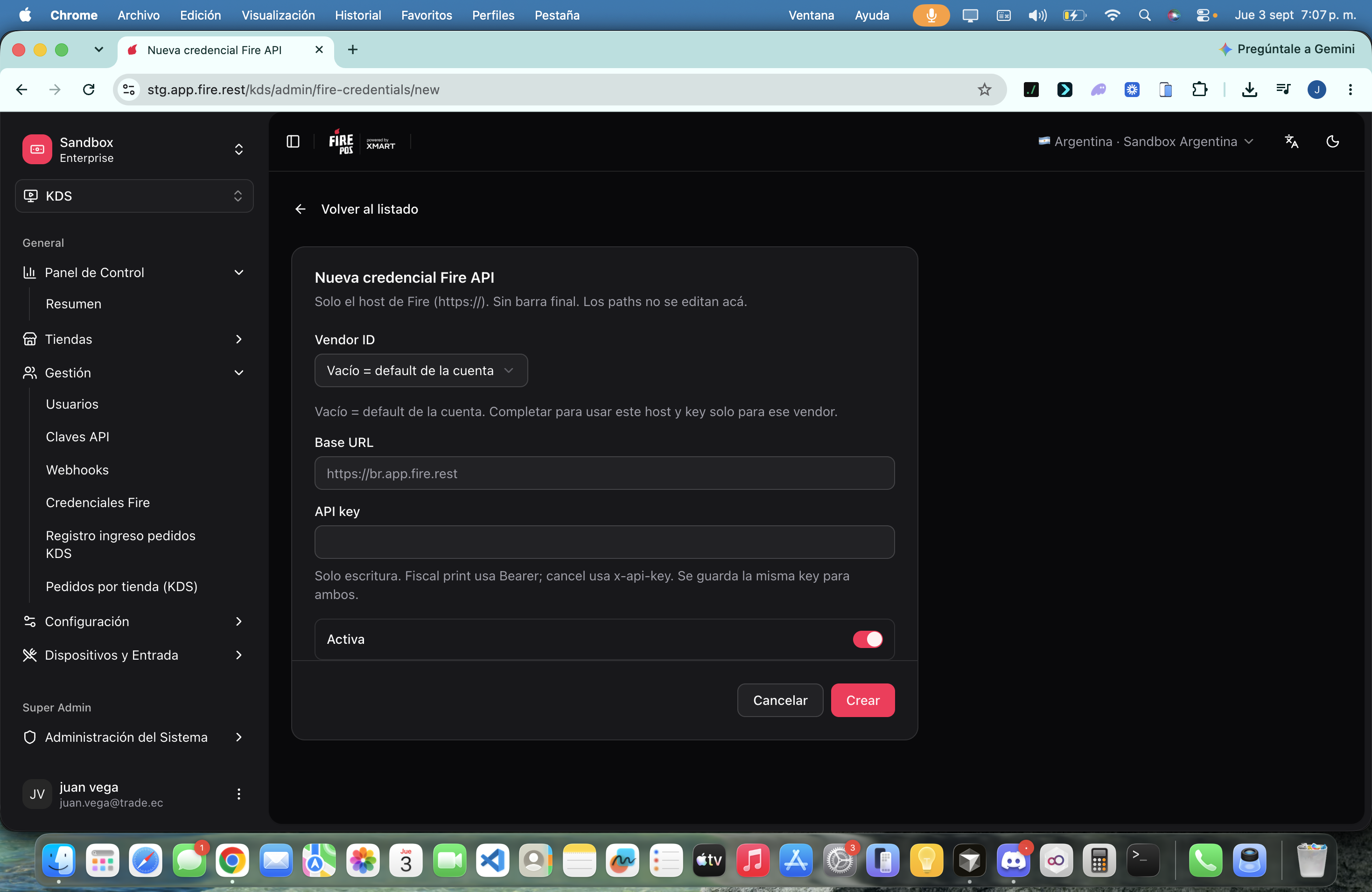 New Fire API credential form with empty vendor for account default
