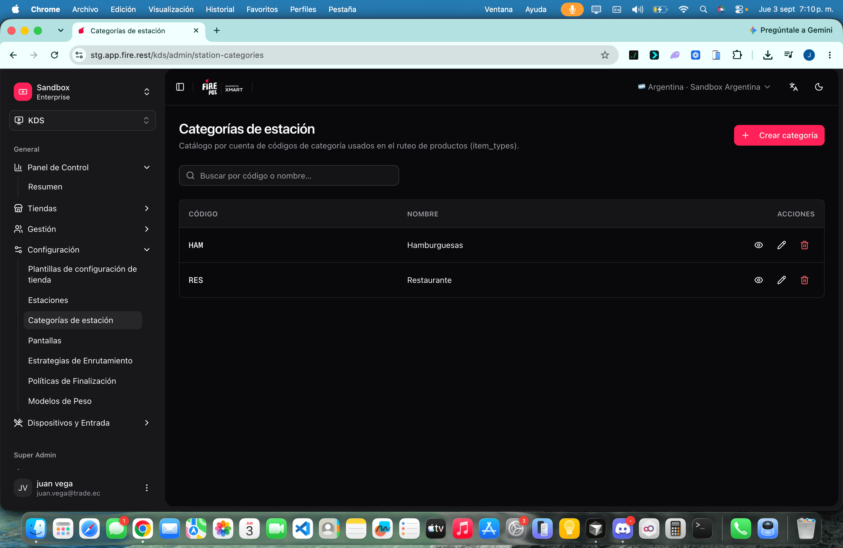 Station categories list with codes used by product routing