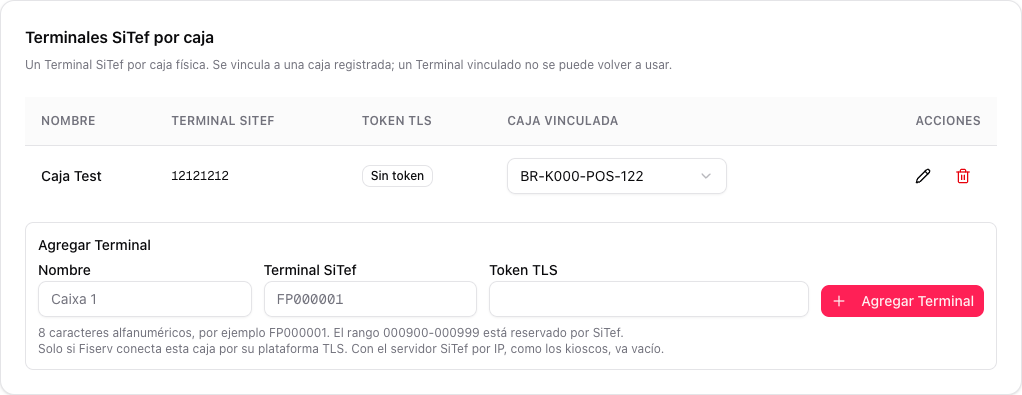 Tabla Terminales SiTef por caja con el Terminal Caja Test 12121212, sin token, vinculado a la caja BR-K000-POS-122, y el formulario Agregar Terminal