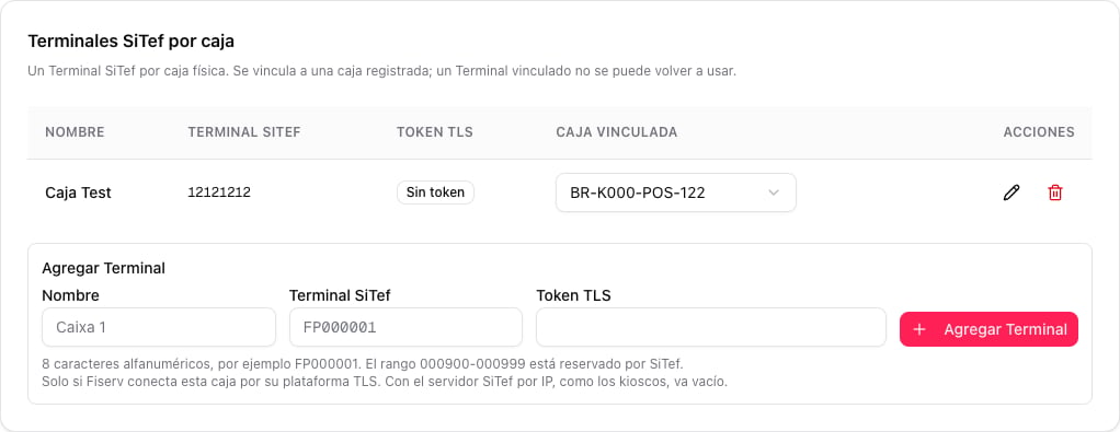 Tabla Terminales SiTef por caja con el Terminal Caja Test 12121212, sin token, vinculado a la caja BR-K000-POS-122, y el formulario Agregar Terminal