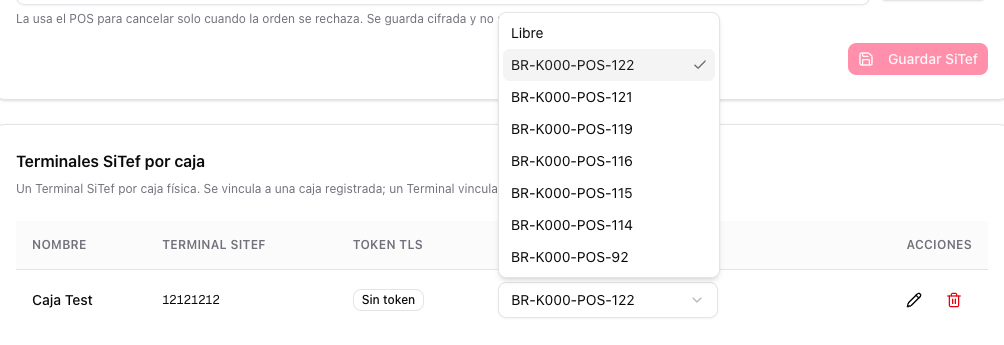 Selector de Caja vinculada abierto con la opción Libre y la lista de cajas POS de la tienda