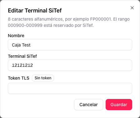 Diálogo Editar Terminal SiTef con nombre Caja Test, código 12121212 y token TLS sin cargar