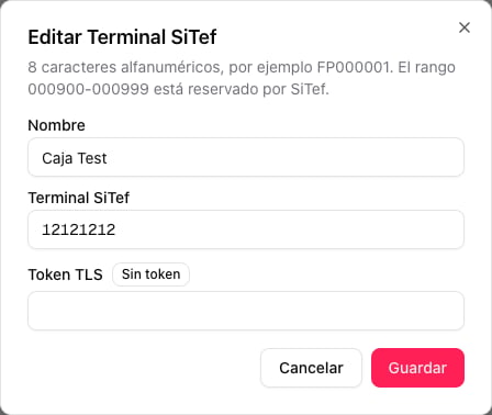 Diálogo Editar Terminal SiTef con nombre Caja Test, código 12121212 y token TLS sin cargar