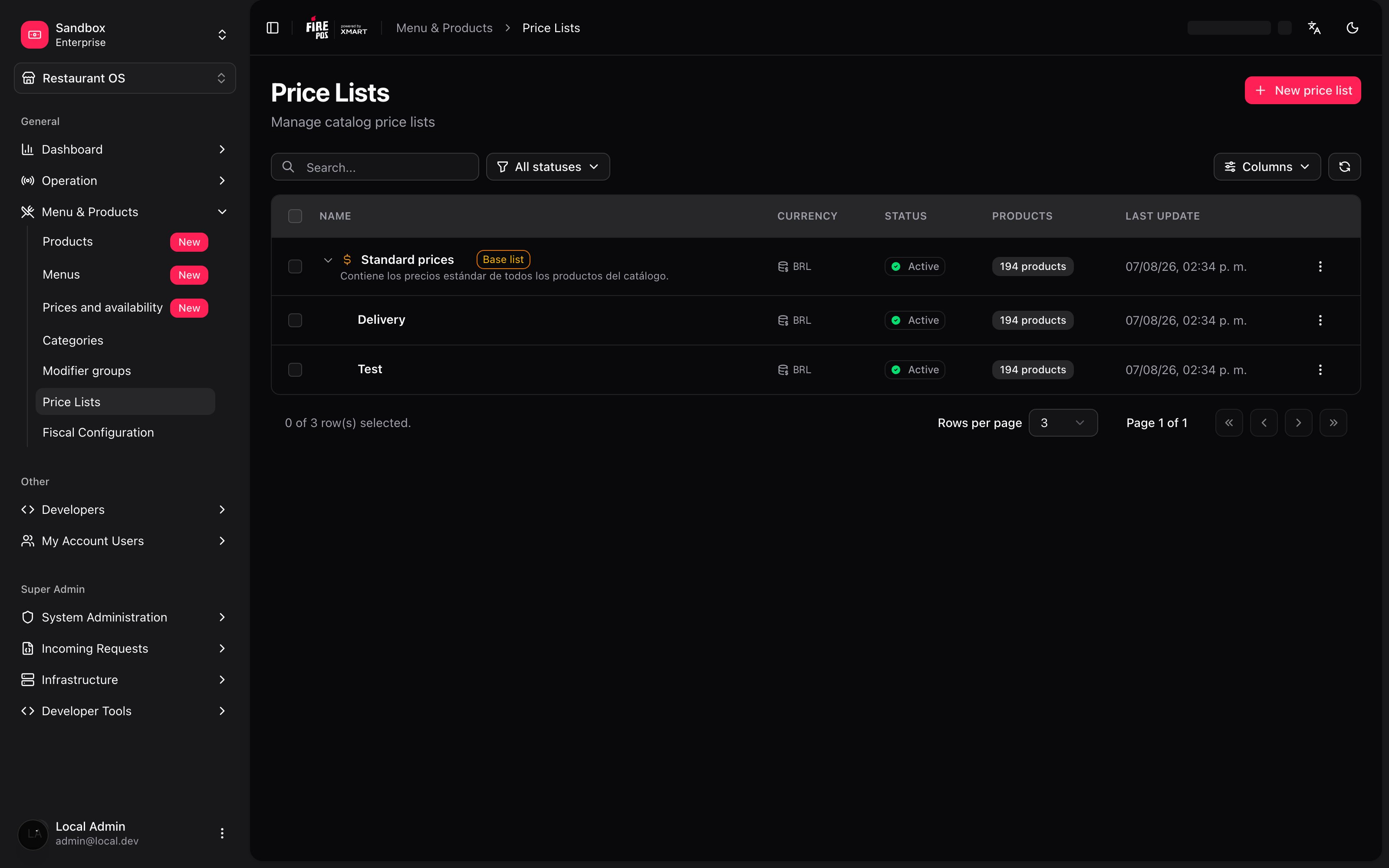 Price list overview