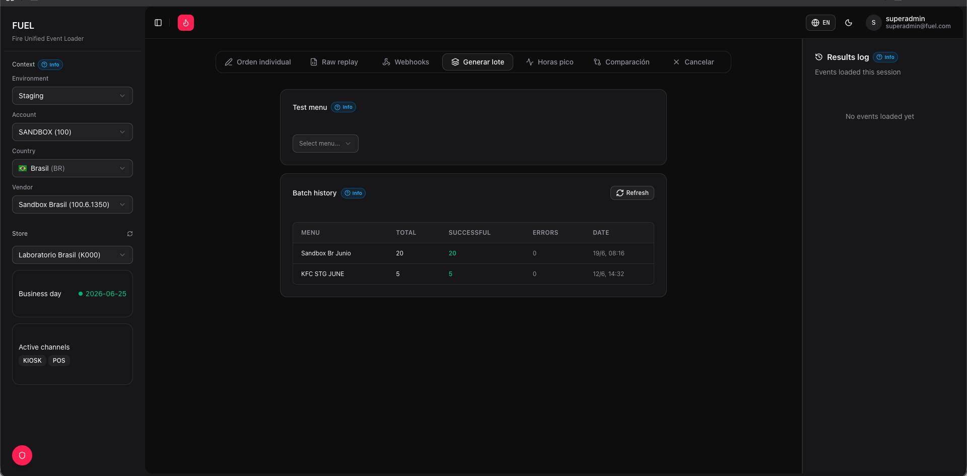 Batch tab — test menu selector and send history table