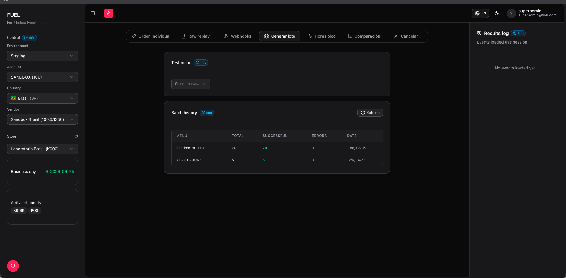 Batch tab — test menu selector and send history table