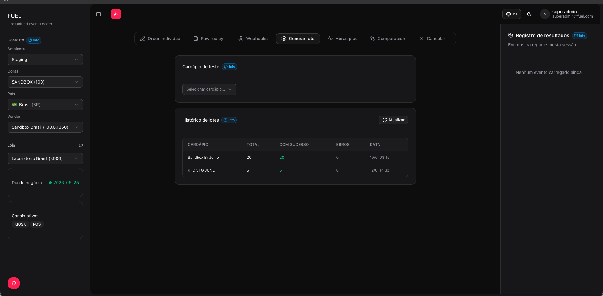 Aba Lote — seletor de cardápio de teste e histórico de lotes