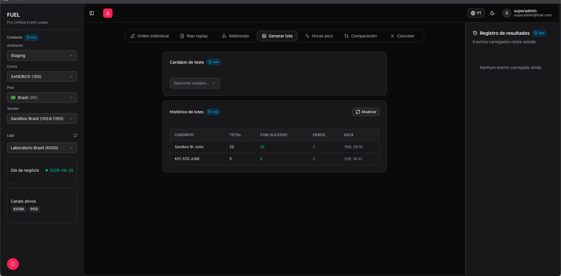 Aba Lote — seletor de cardápio de teste e histórico de lotes