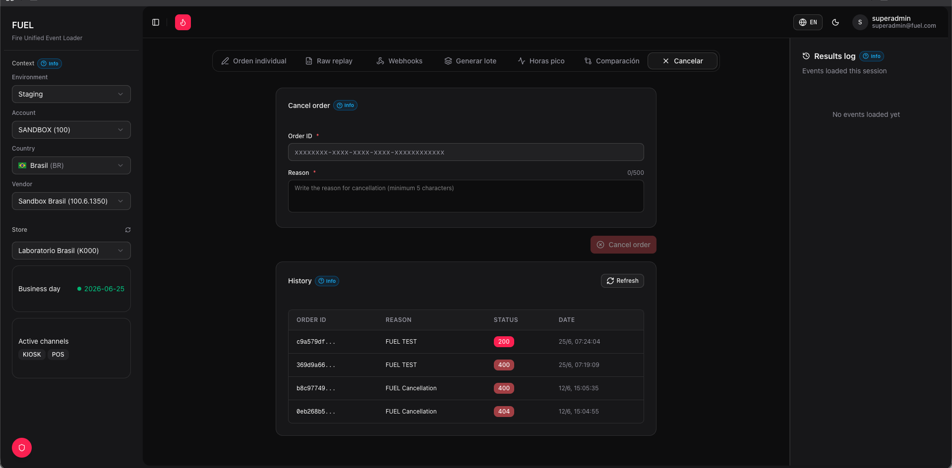 Cancel order tab — order ID input, reason field, and cancellation history
