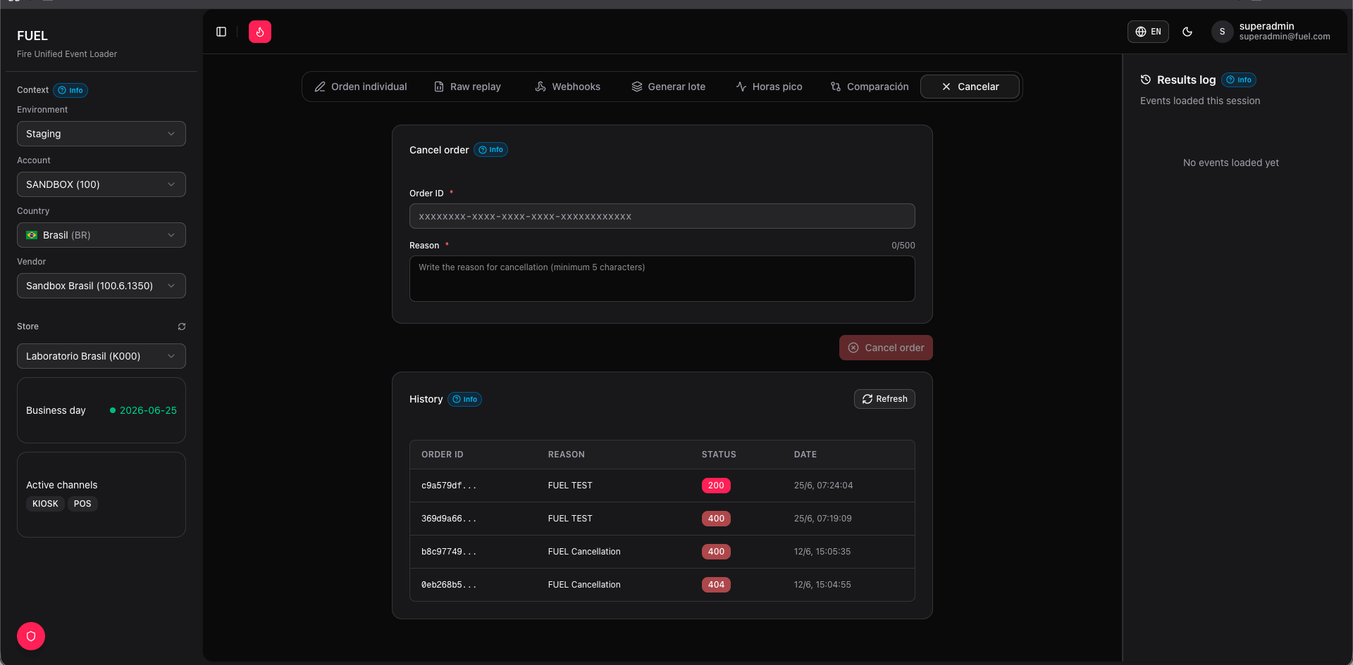 Cancel order tab — order ID input, reason field, and cancellation history