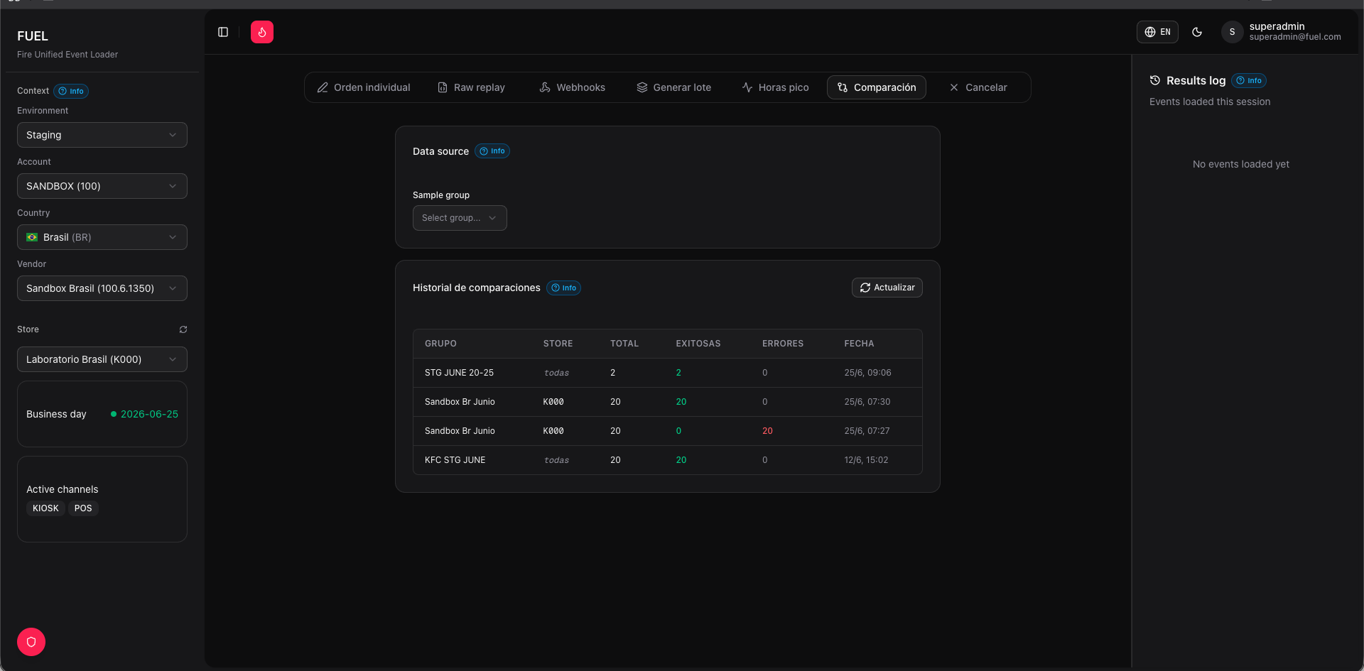 Comparison tab — scenario configuration and results history table