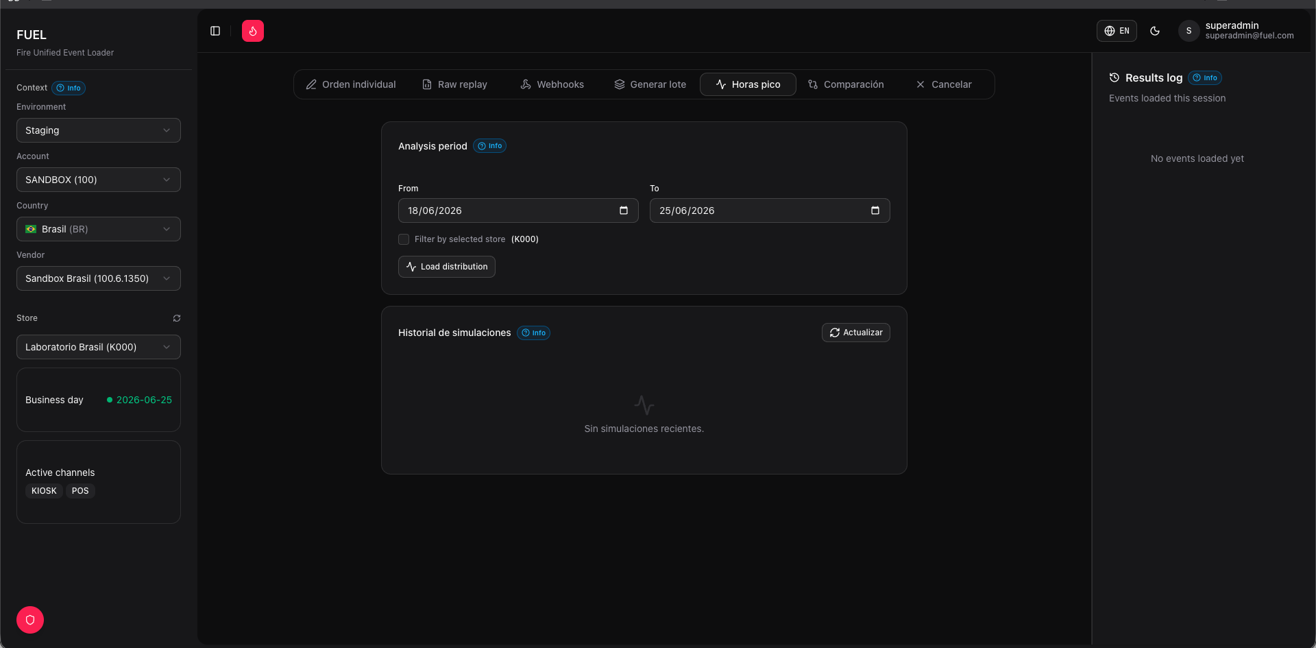 Load simulator tab — traffic configuration and store context selector