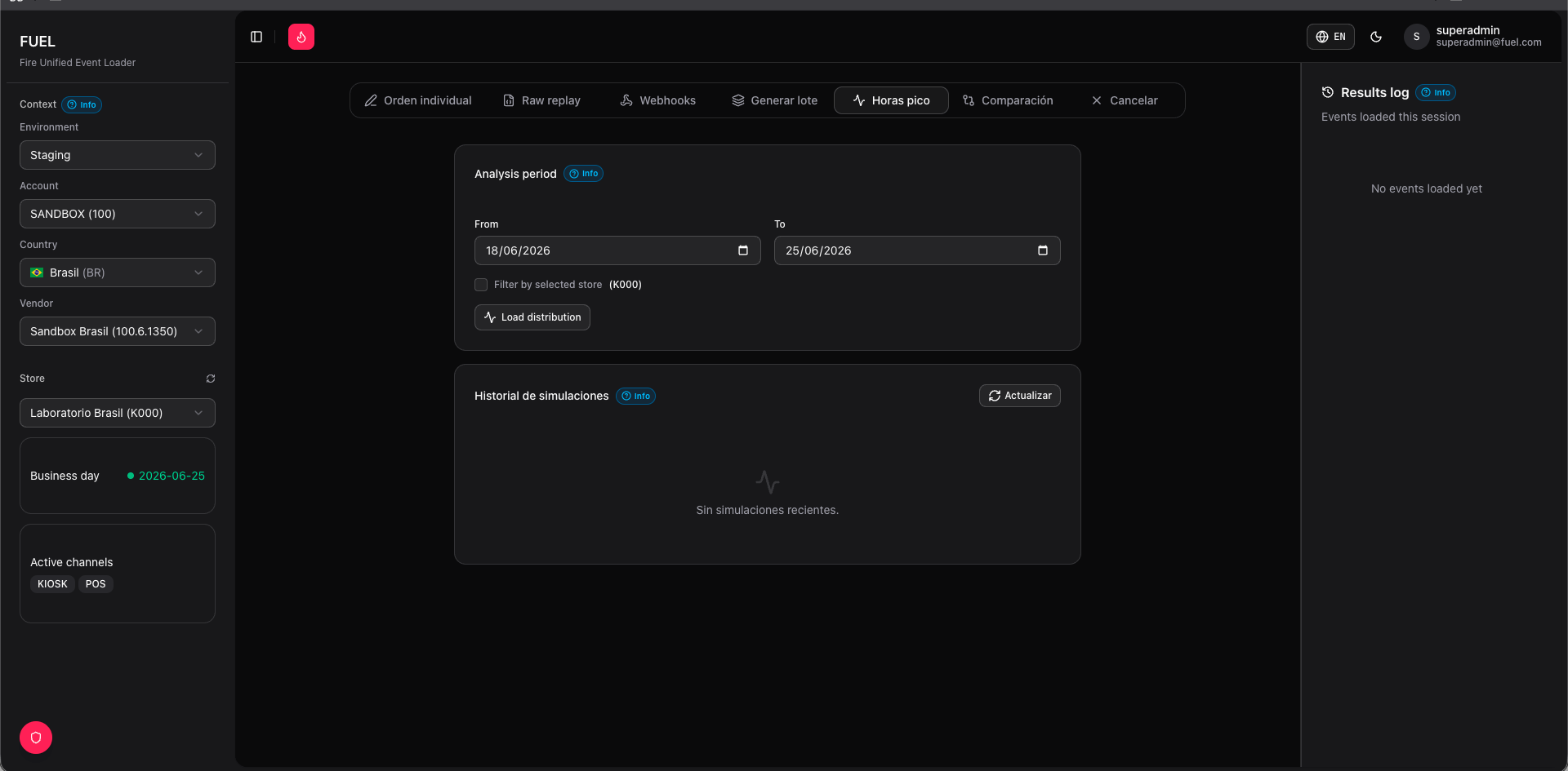 Load simulator tab — traffic configuration and store context selector