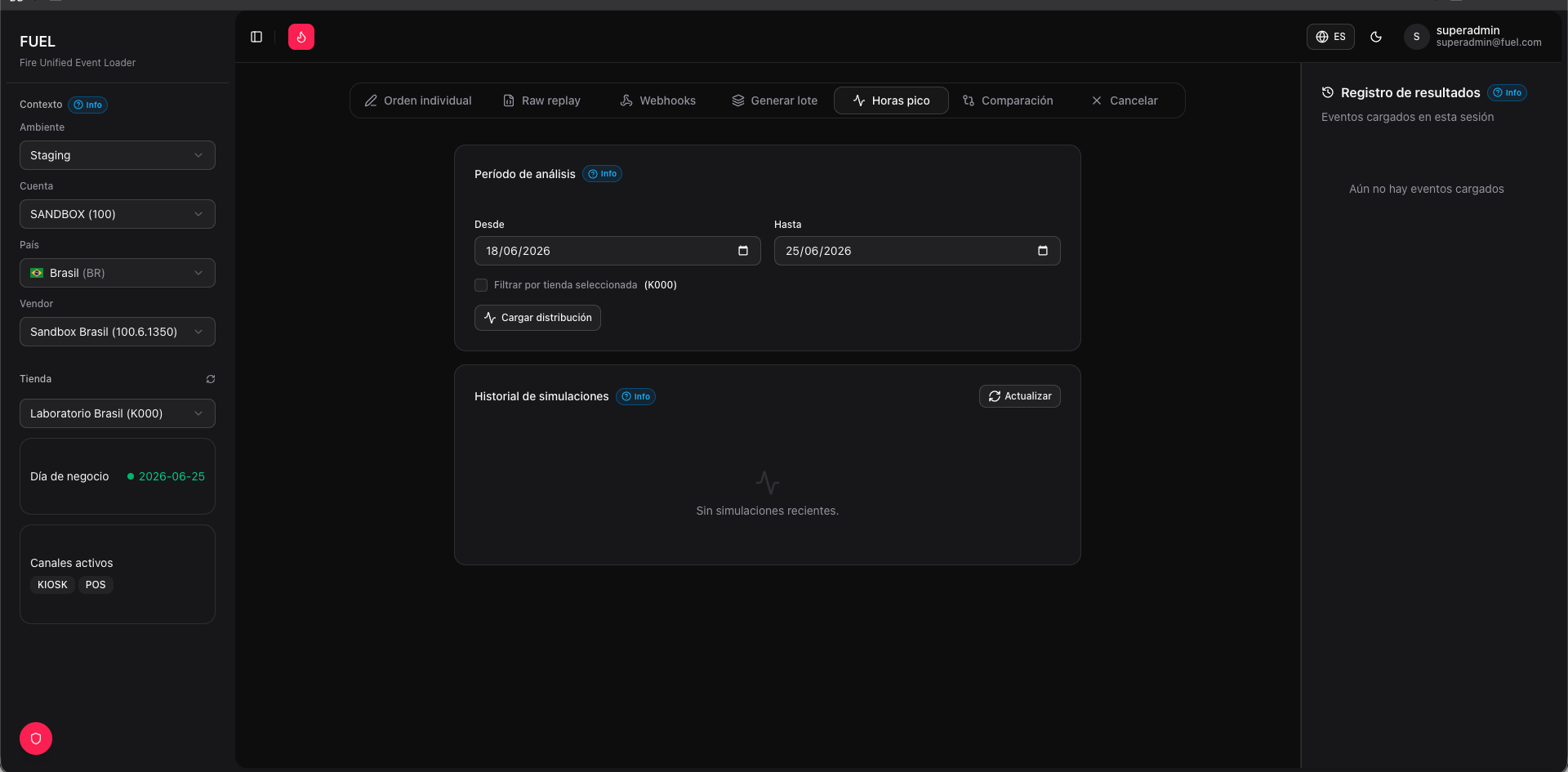 Pestaña Simulador de carga — configuración de tráfico y selector de contexto