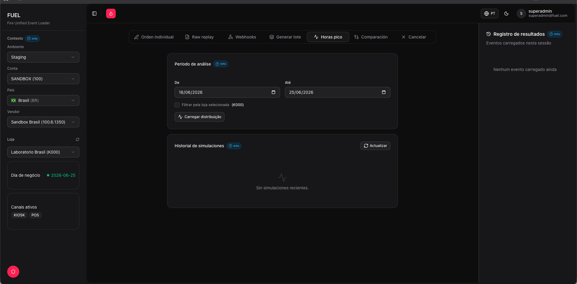 Aba Simulador de carga — configuração de tráfego e seletor de contexto de loja