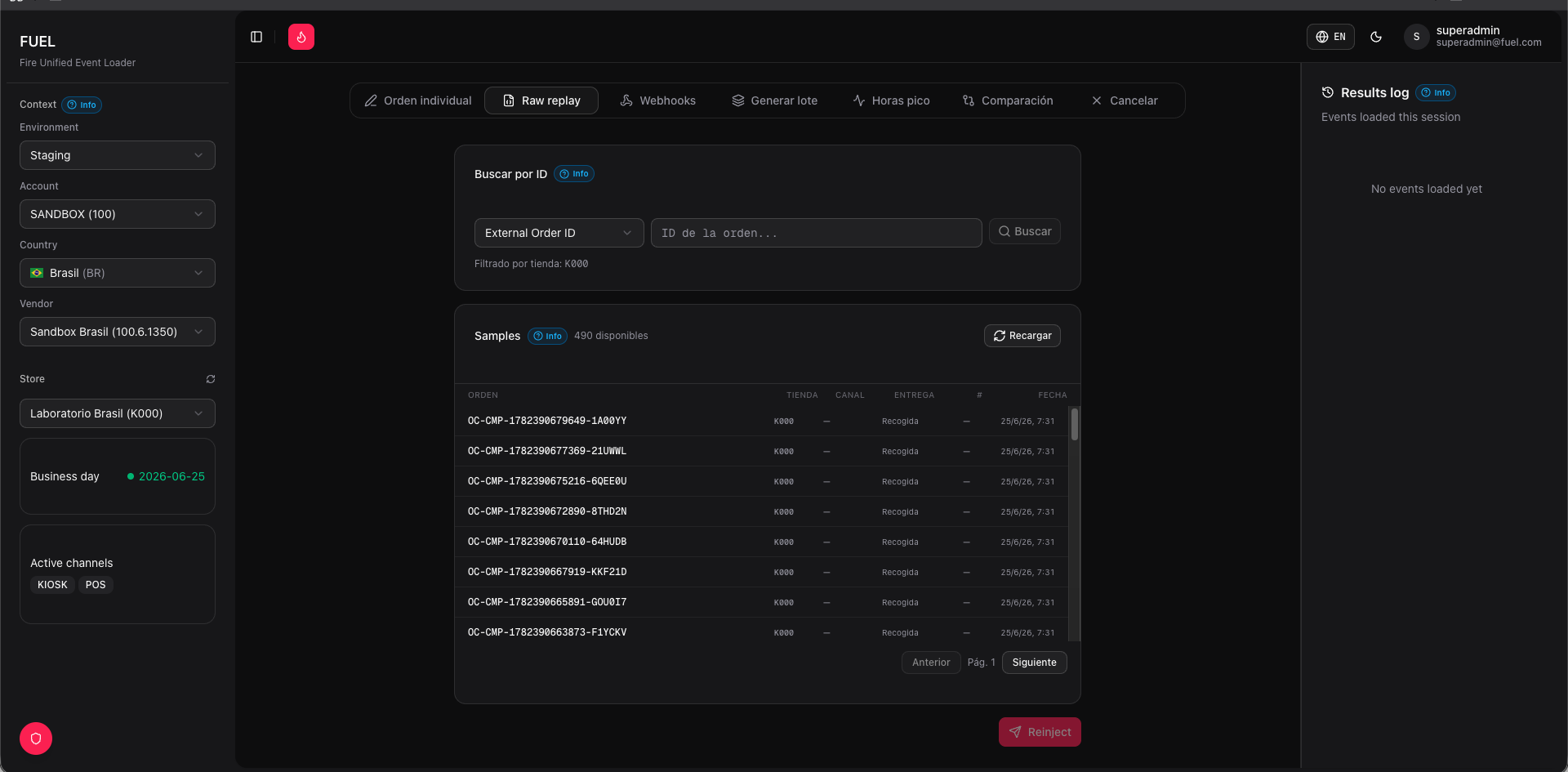 Raw replay tab — search bar for finding orders from FIRE or local samples