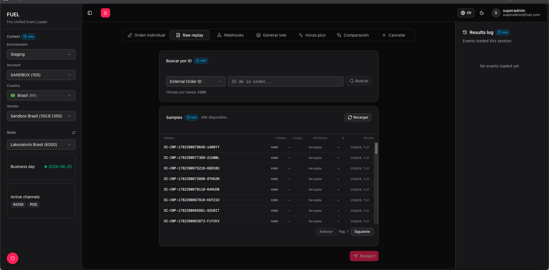 Raw replay tab — search bar for finding orders from FIRE or local samples