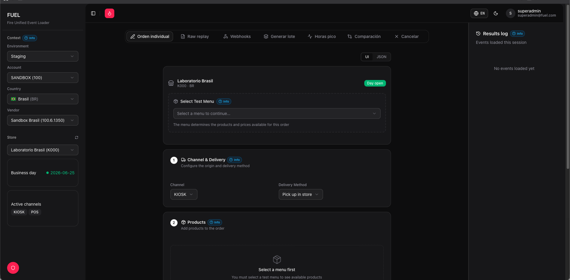 Single order tab — order builder with context sidebar and results log