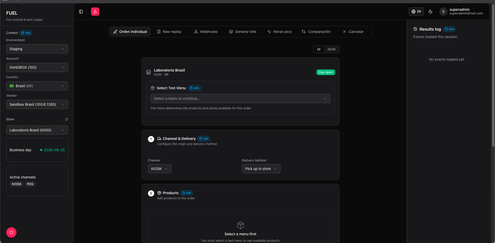 Single order tab — order builder with context sidebar and results log