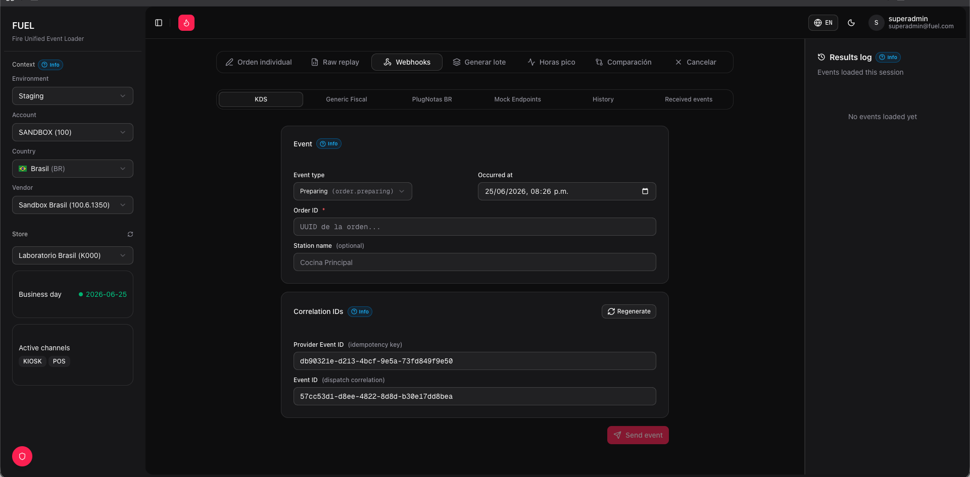 Webhooks tab — KDS event form with auto-generated IDs and send button