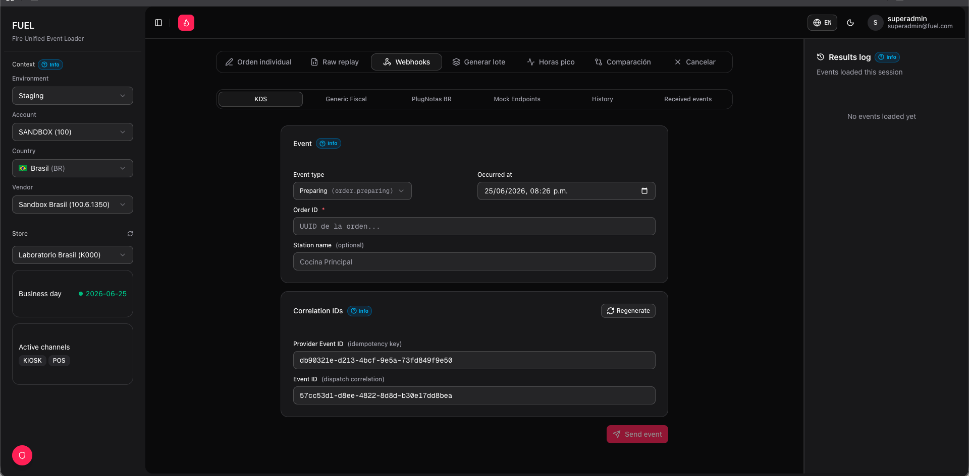 Webhooks tab — KDS event form with auto-generated IDs and send button