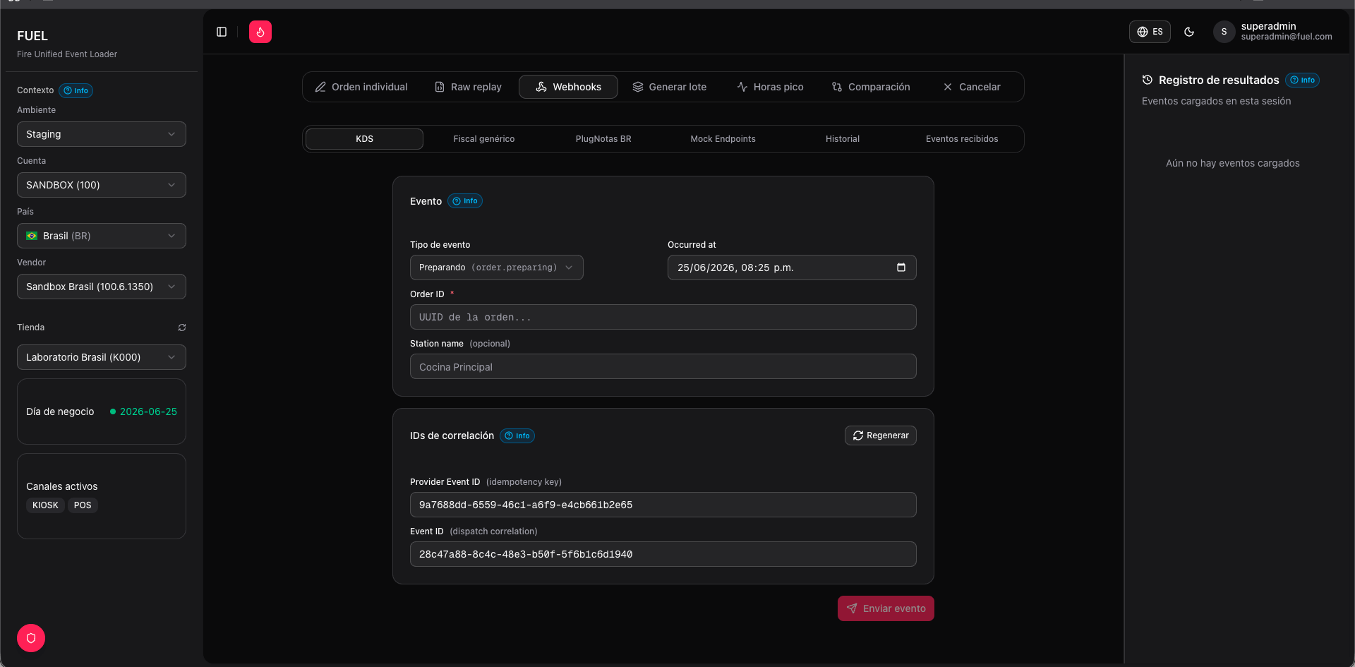 Pestaña Webhooks — formulario de eventos KDS con IDs auto-generados