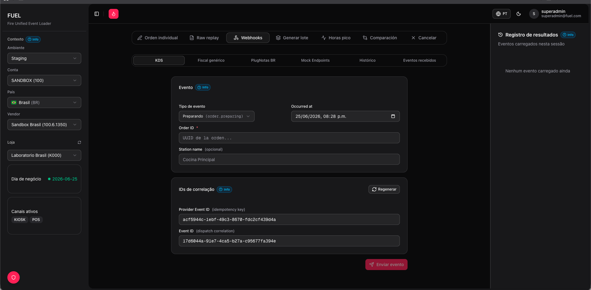 Aba Webhooks — formulário de eventos KDS com IDs gerados automaticamente